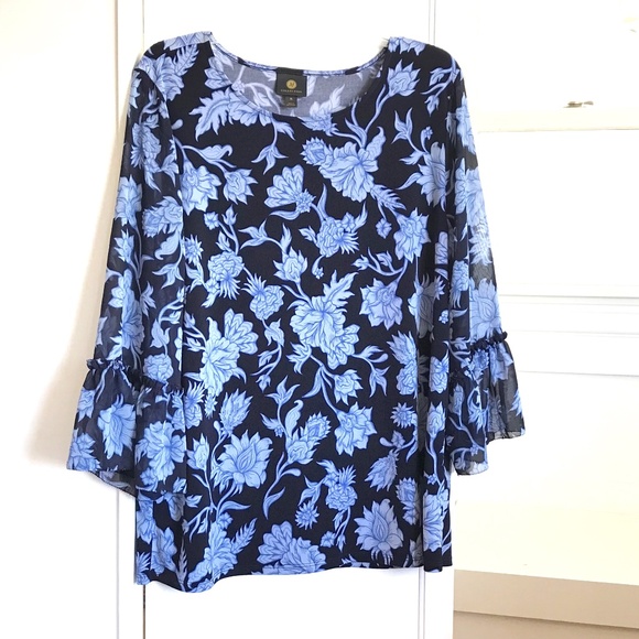 JM COLLECTION Floral Bell Sleeve Blouse Round Neck Blue Women’s Size XL Size 1X - Picture 1 of 16